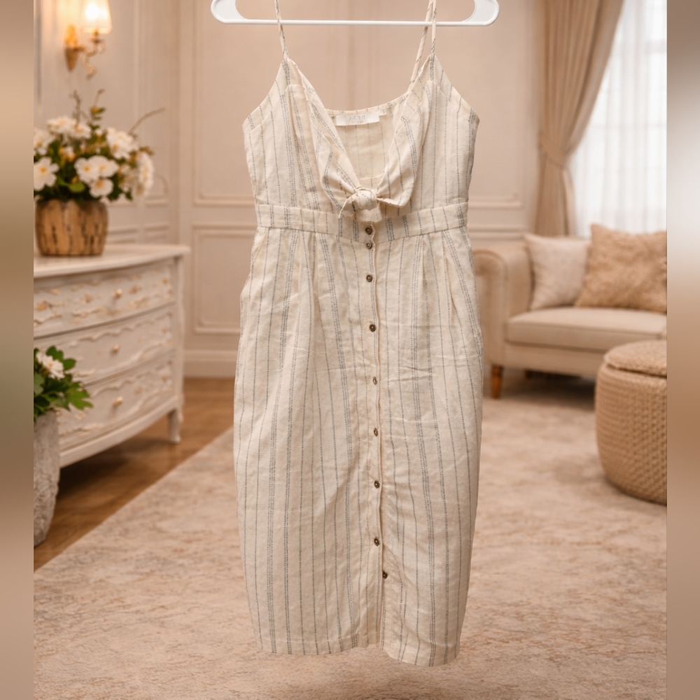 Astr Cream Striped Midi Dress with Front Tie
